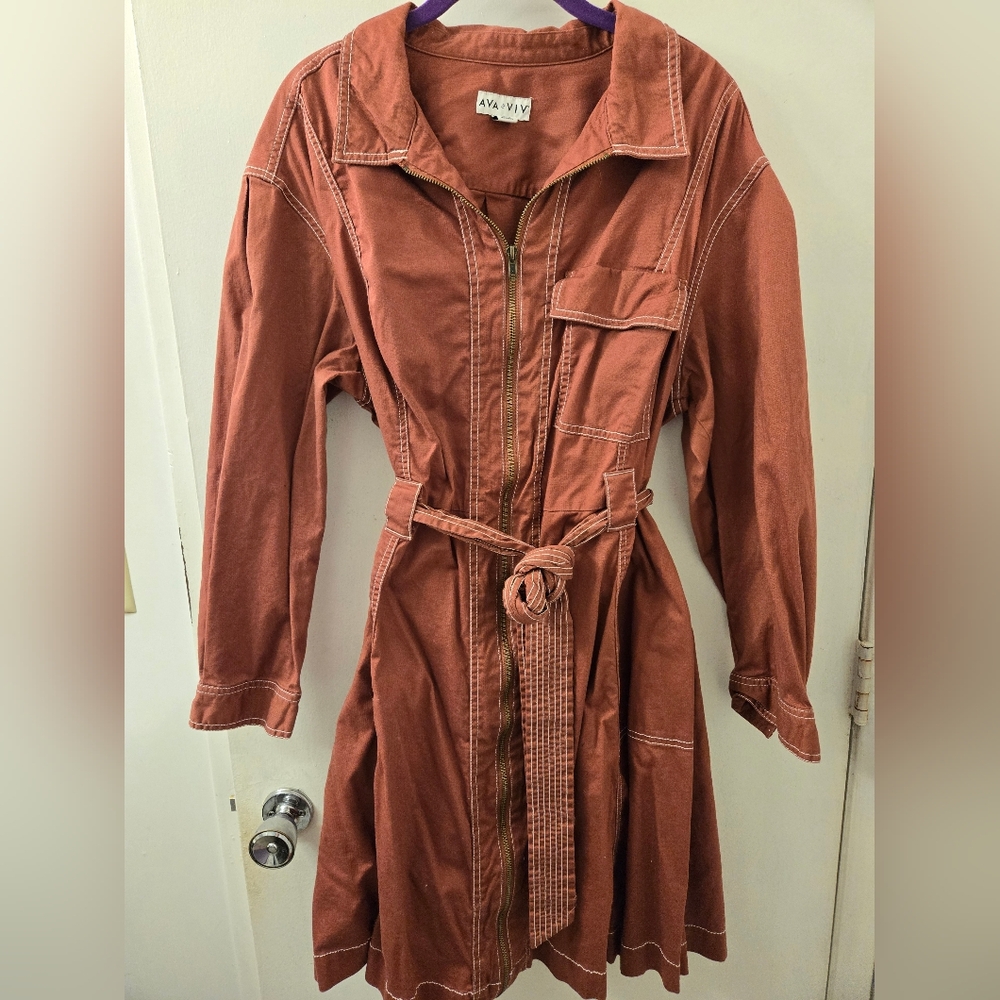 Ava & Viv long-sleeved zip-up dress with tie waist, 1X